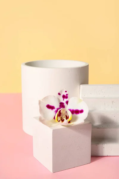 Dekorative Podeste Aus Gips Und Schöne Orchideenblumen Auf Rosa Tisch — Stockfoto