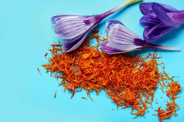 Heap Dried Saffron Threads Crocus Flowers Blue Background — Stock Photo, Image