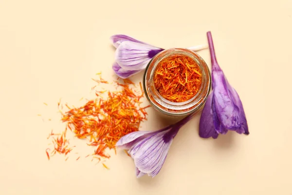 Jar Dried Saffron Threads Crocus Flowers Beige Background — Stock Photo, Image