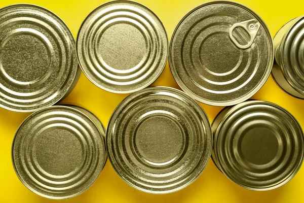 Assortment Tin Cans Fish Yellow Background Closeup — Stock Photo, Image