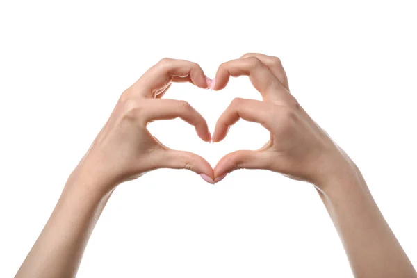 Woman Making Heart Her Hands White Background Stock Photo