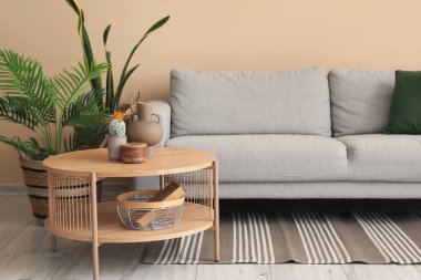 Kahve masası, vazo, rahat gri kanepe ve bej duvarın yanında bitkiler.