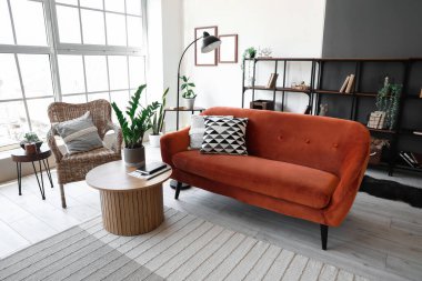 Rahat kanepesi, koltuğu ve sehpası olan şık bir oturma odası.