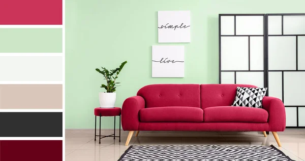 Viva Magenta Sofa Der Nähe Der Mint Wand Wohnzimmer Unterschiedliche — Stockfoto