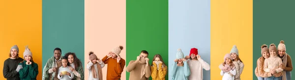 色の背景に冬のセーターで幸せな家族のコラージュ — ストック写真
