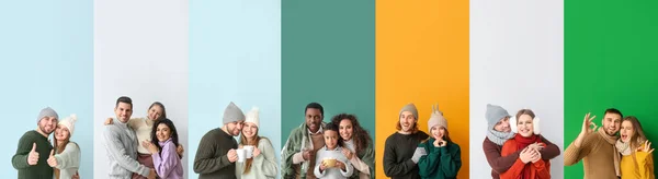 Collage Glada Familjer Vinter Tröjor Färg Bakgrund — Stockfoto