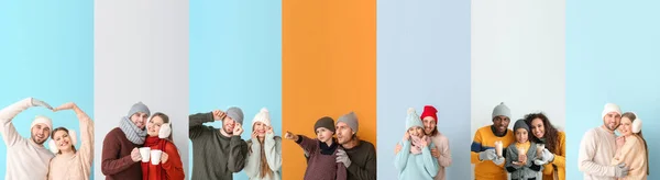 Zestaw Szczęśliwych Rodzin Zimowych Swetrach Tle Koloru — Zdjęcie stockowe