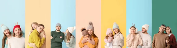 Kolekcja Szczęśliwych Rodzin Zimowych Swetrach Tle Koloru — Zdjęcie stockowe