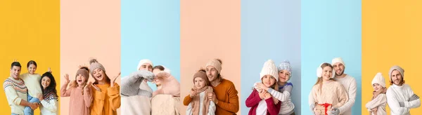Grupo Famílias Felizes Camisolas Inverno Fundo Cor — Fotografia de Stock