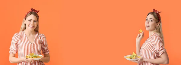 Banner Mit Einer Jungen Frau Die Schmackhafte Nachos Auf Orangefarbenem — Stockfoto