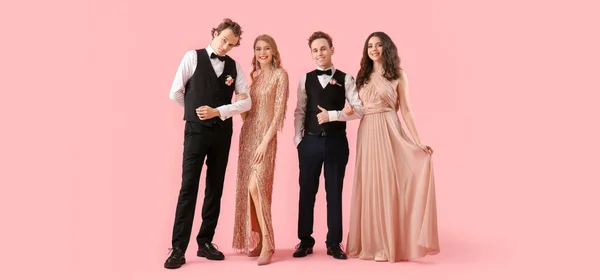 Beautiful Couples Dressed Prom Pink Background — Foto de Stock