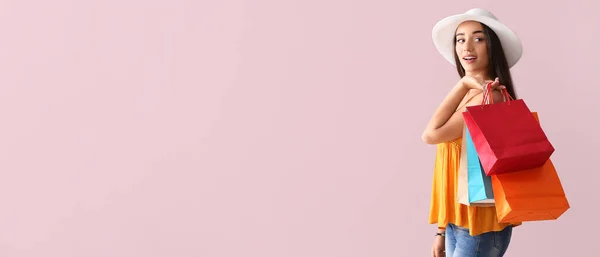 Beautiful Young Woman Shopping Bags Pink Background Space Text — 스톡 사진