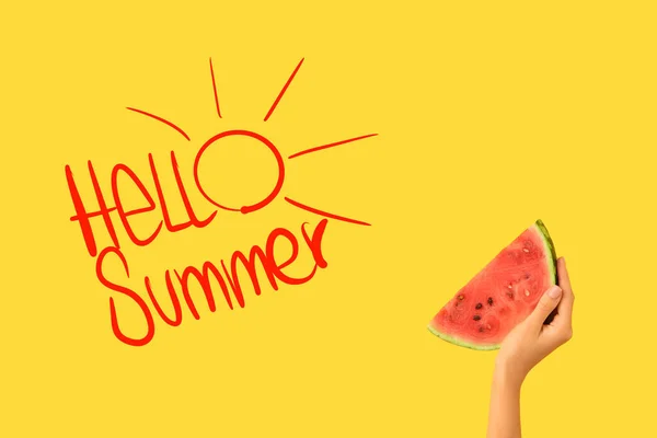 Hand Piece Ripe Watermelon Text Hello Summer Yellow Background — Stock Photo, Image