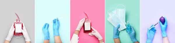 手袋の医師の手と色の背景に異なる医療アイテム — ストック写真