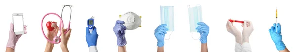 Hands Doctors Sterile Gloves Different Items White Background — Stock Photo, Image
