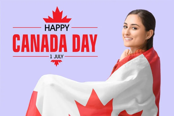 Beautiful Young Woman Canadian Flag Lilac Background Happy Canada Day — Stock Photo, Image