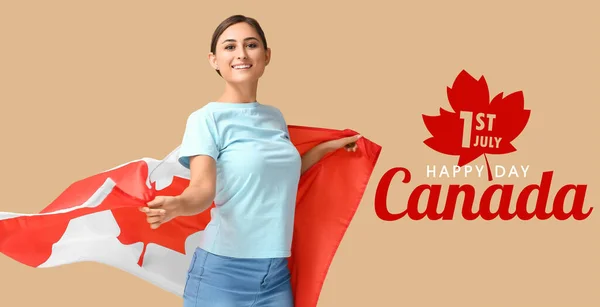 Beautiful Young Woman Canadian Flag Beige Background Happy Canada Day — Stock Photo, Image