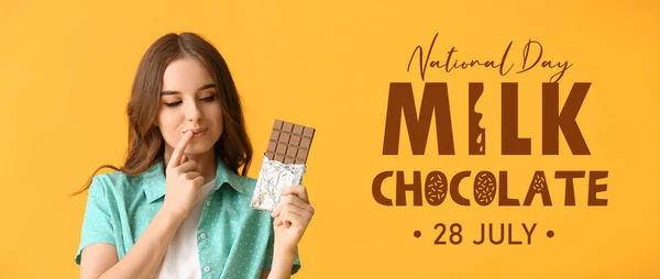 Banner for National Milk Chocolate Day with thoughtful young woman