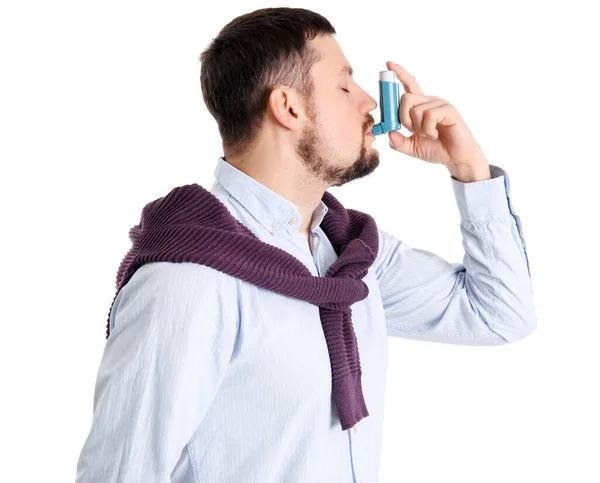 Sick Man Inhaler White Background — Stockfoto