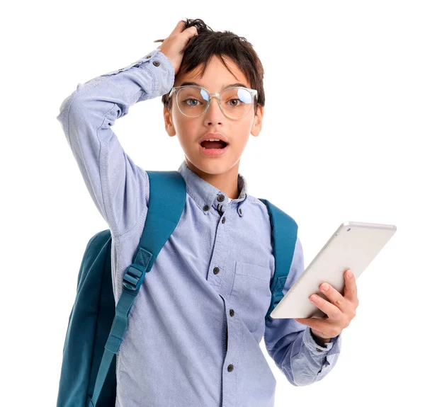 Stressed Little Schoolboy Using Tablet Computer White Background — Stockfoto