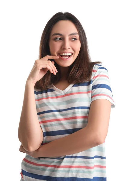 Mujer Joven Feliz Camiseta Sobre Fondo Blanco —  Fotos de Stock