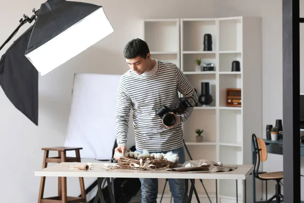 Young Male Photographer Professional Camera Working Studio — Stock Photo, Image
