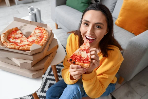 Beautiful Woman Boxes Tasty Pizza Sitting Home — Stock Photo, Image