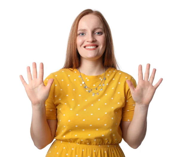 Beautiful Redhead Woman Yellow Dress Showing Hands White Background — Stock Photo, Image