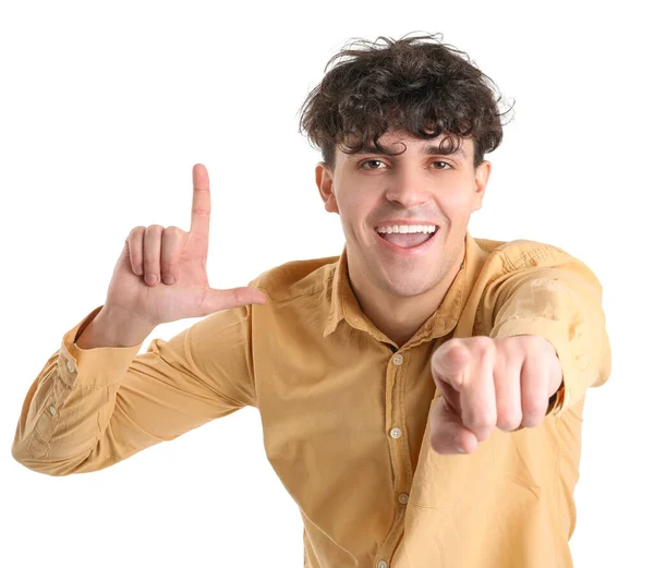 Laughing Young Man Showing Loser Gesture Pointing Viewer White Background — Stock Photo, Image