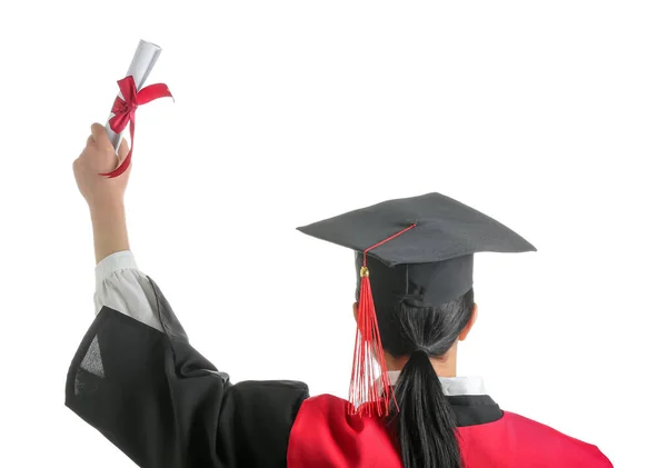 Female Graduating Student Diploma White Background — Stock Photo, Image