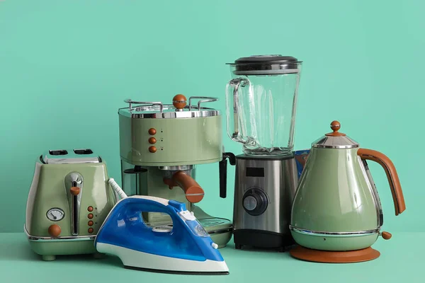 Set Modern Household Appliances Turquoise Background — Stock Photo, Image
