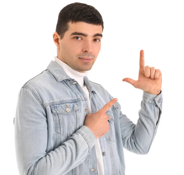 Young Man Showing Loser Gesture White Background — Stock Photo, Image