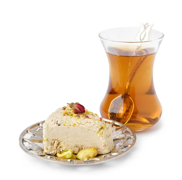 Plate Tasty Tahini Halva Glass Turkish Tea White Background — Stock Photo, Image