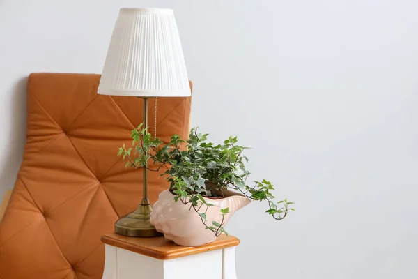Houseplant Lamp Table Brown Armchair White Wall — Stock Photo, Image