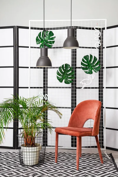 Brown Armchair Houseplant Lamps White Folding Screen — Stock Photo, Image