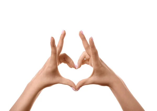 stock image Woman making heart with her hands on white background