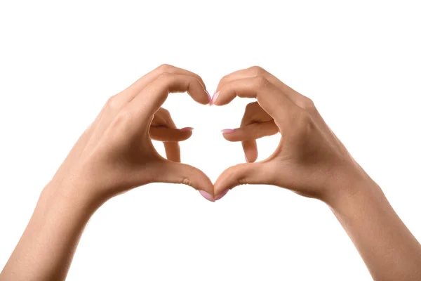 Mulher Fazendo Coração Com Mãos Fundo Branco — Fotografia de Stock