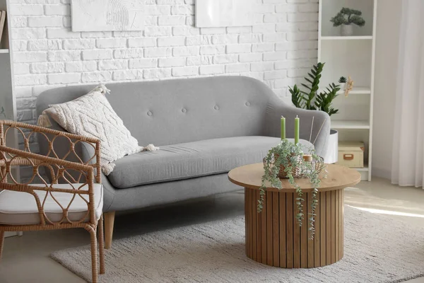 Interior Bright Living Room Cozy Grey Sofa Armchair Coffee Table — Stock Photo, Image