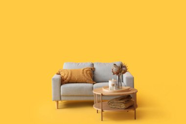 Vazoda kurumuş çiçeklerle kahve masası, sazlık ayırıcıları ve sarı arka planda gri kanepenin yanında mendiller.