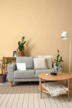 Rahat kanepesi, sehpası ve çiçekleri olan şık bir oturma odası.