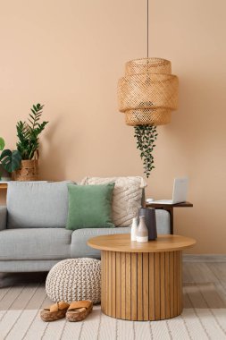 Oturma odasının içinde rahat bir kanepe ve sehpa var.