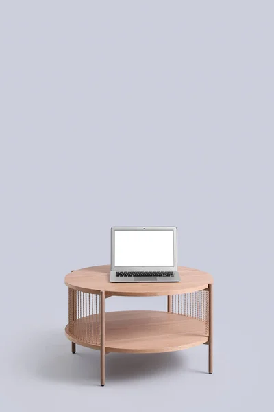 Table Basse Bois Avec Ordinateur Portable Moderne Sur Fond Gris — Photo