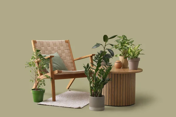 Holztisch Mit Zimmerpflanzen Und Sessel Auf Grünem Hintergrund — Stockfoto