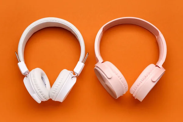 Modern Pink White Headphones Orange Background — Stock Photo, Image