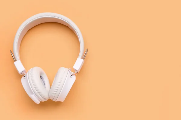 Modern White Headphones Beige Background — Stock Photo, Image