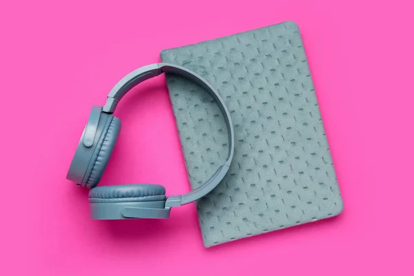 Modern Blue Headphones Notebook Pink Background — Stock Photo, Image