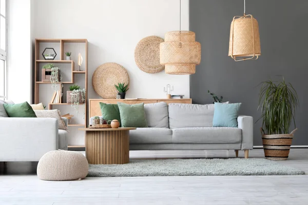 Interior Stylish Room Cozy Grey Sofas Coffee Table Soft Rug — Stock Photo, Image