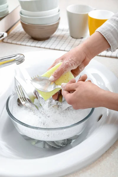 Woman Washing Spoon Sponge Sink Closeup — Stock Photo, Image