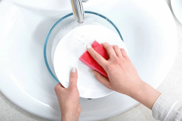 Woman Washing Plate Sponge Sink Closeup — Stock Photo, Image