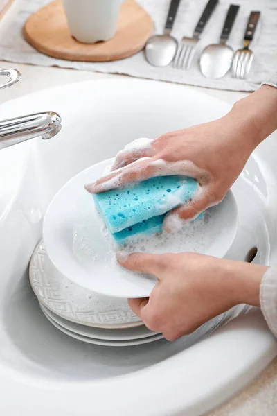 Woman Washing Plate Sponge Sink Closeup — Stock Photo, Image